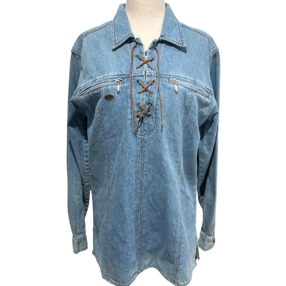 VTG Harley Davidson Lace-Up‎ Denim Shirt Light Wash Size M Bikercore